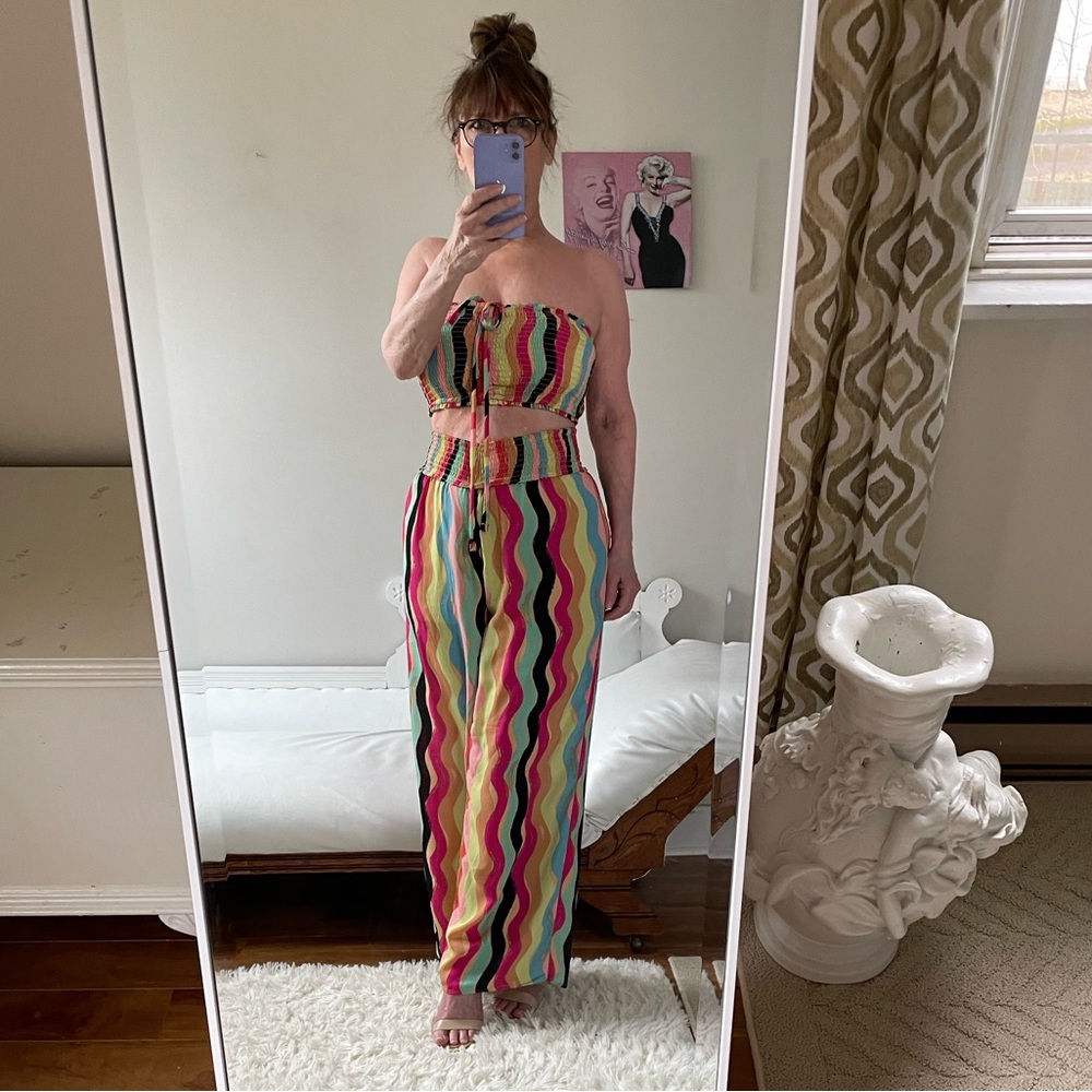 CHIFFON WAVY PRINT WIDE LEG PANTS SMOCKED WAIST PINK BLUE YELLOW BLACK ORANGE